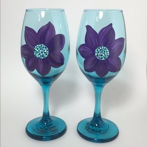 Hand Painted Wine Glass Set of Two Purple Flowers